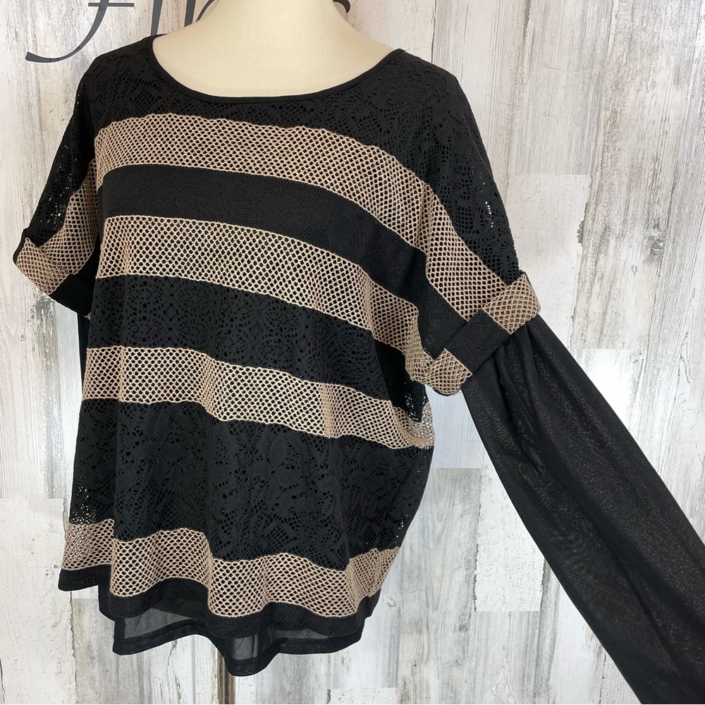 Chico’s Larissa Lace Top Color Block Stripes Long Sleeve Crew Neck Shirt Sz 3
